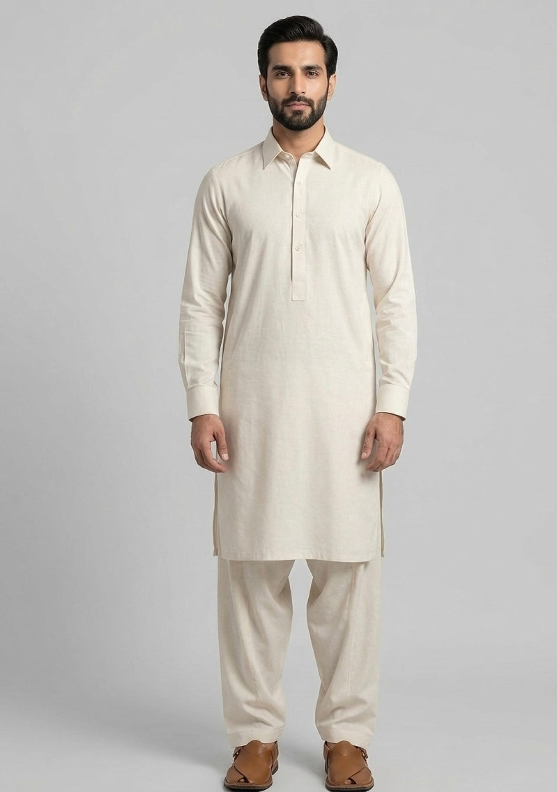 Men Cream stairup stitched Wash & wear fabric