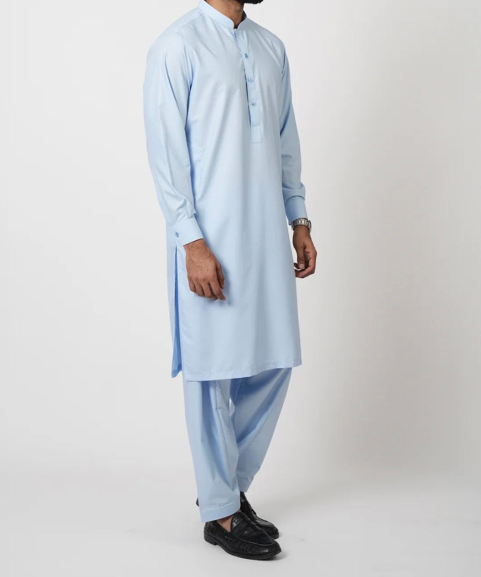 Men Sky Blue stairup stitched Wash & wear fabric