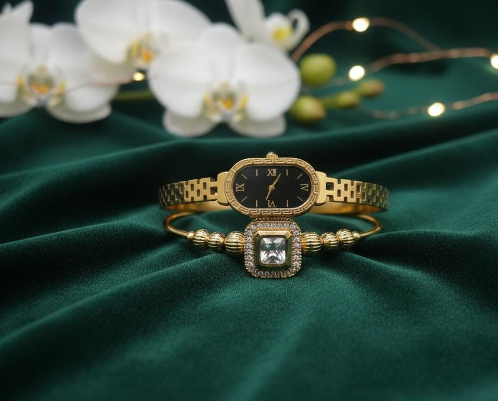 Waterproof 2 pcs Premium Watch style and stone studded bracelet