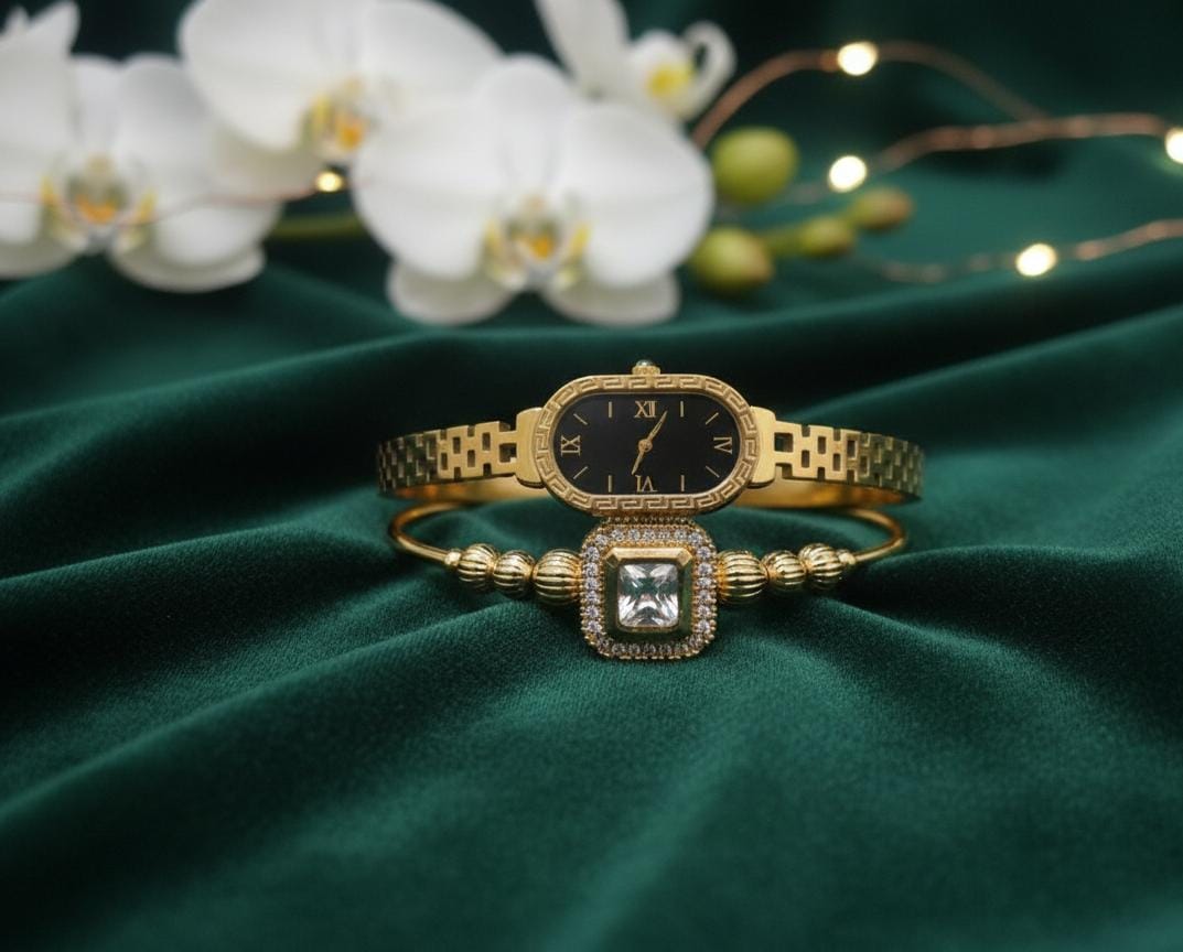 Waterproof 2 pcs Premium Watch style and stone studded bracelet