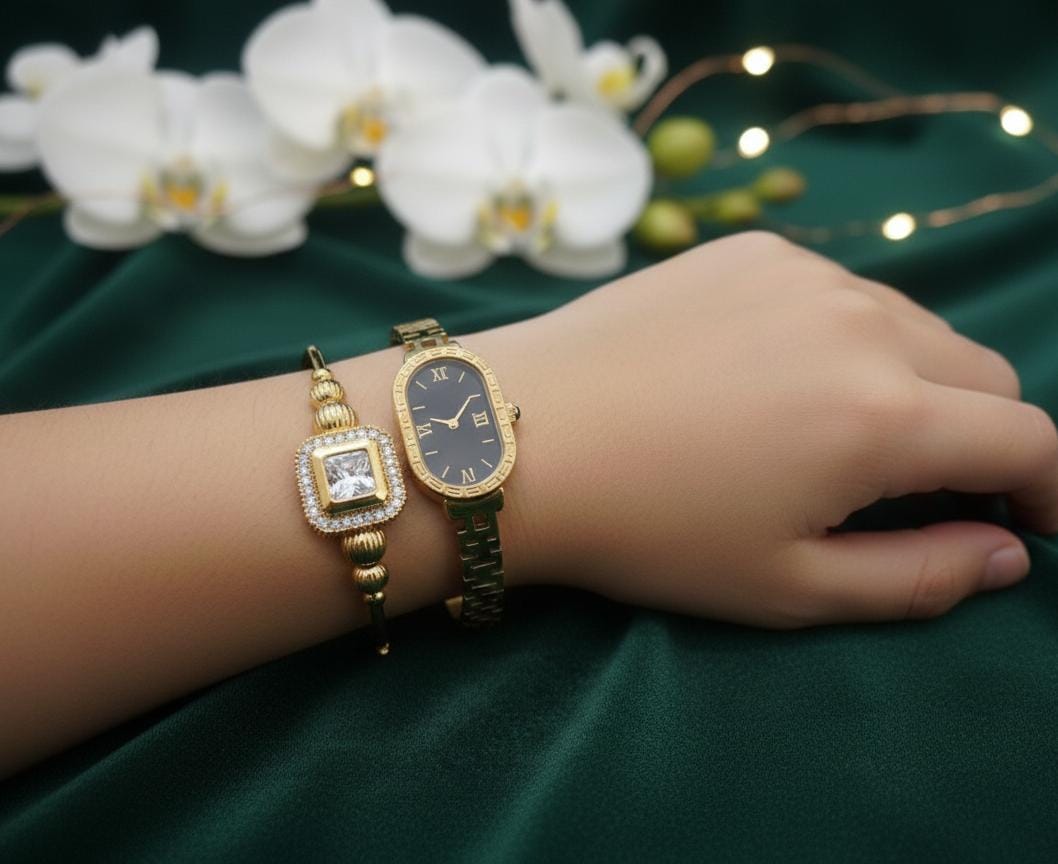 Waterproof 2 pcs Premium Watch style and stone studded bracelet