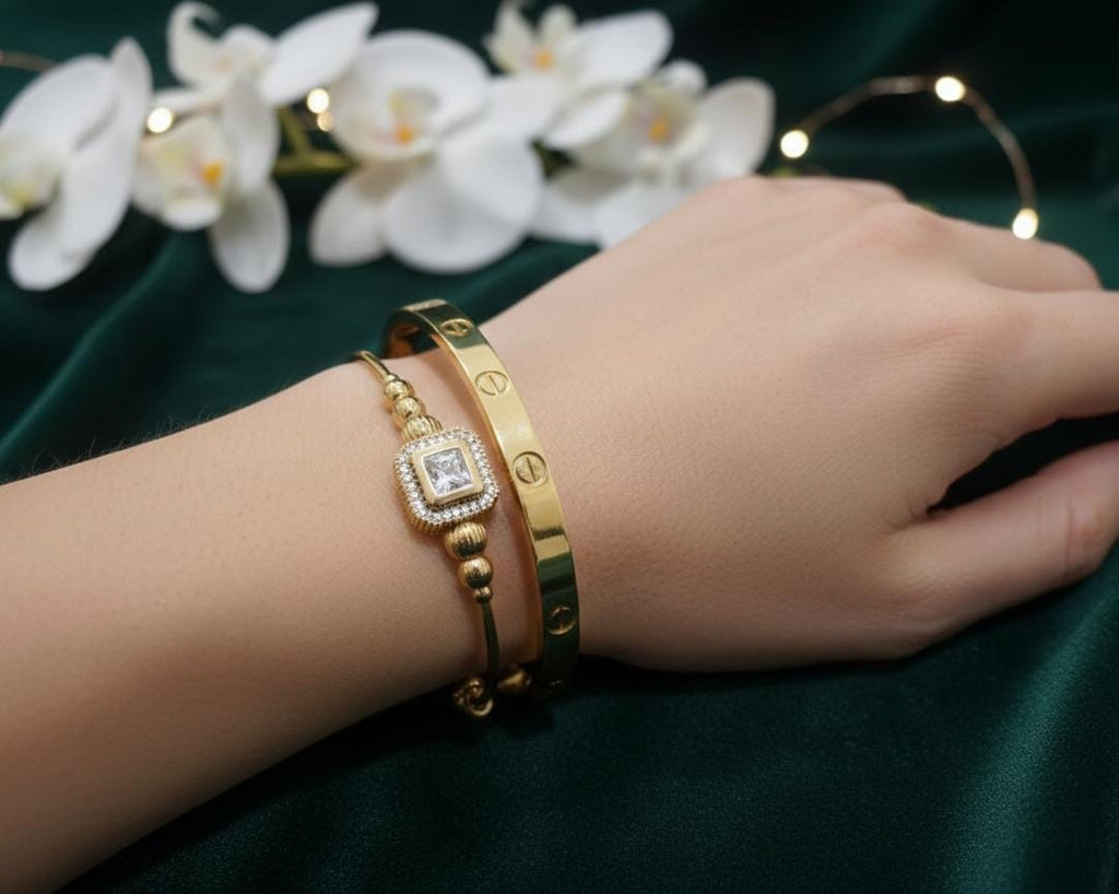 Waterproof 2 pcs premium cuff and stone studded bracelet